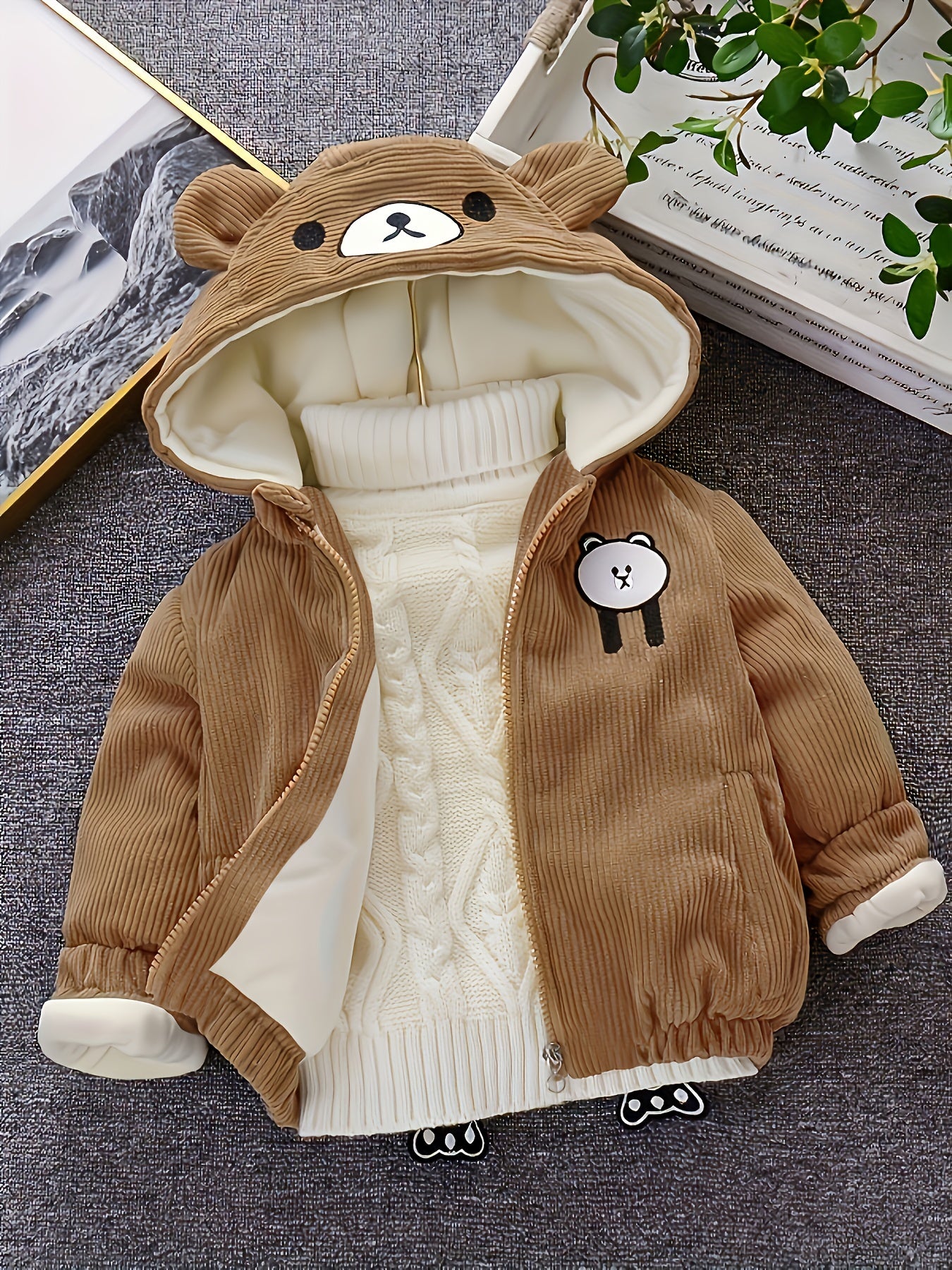 New Children's Warm Winter Thick Coat Cute Bear Shape Baby Corduroy Hooded Zip UpJacket
